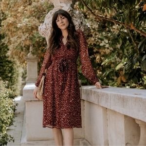 Sezane Alix Long Sleeve Burgundy Floral midi dress